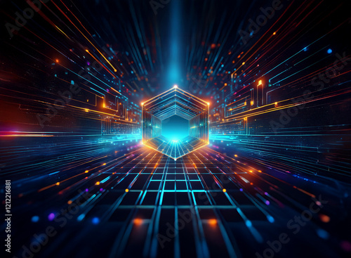A glowing hexagonal structure at the center of a vibrant  digital landscape.  Streaks of light and intricate circuitry create a sense of depth and speed  suggesting a futuristic or technological realm