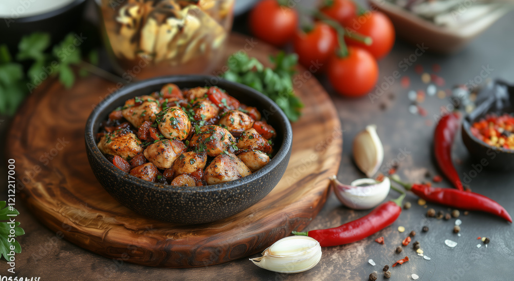 Savory Chicken Dish with Chili and Garlic in Rustic Bowl Savory Chicken Dish with Chili and Garlic in Rustic Bowl