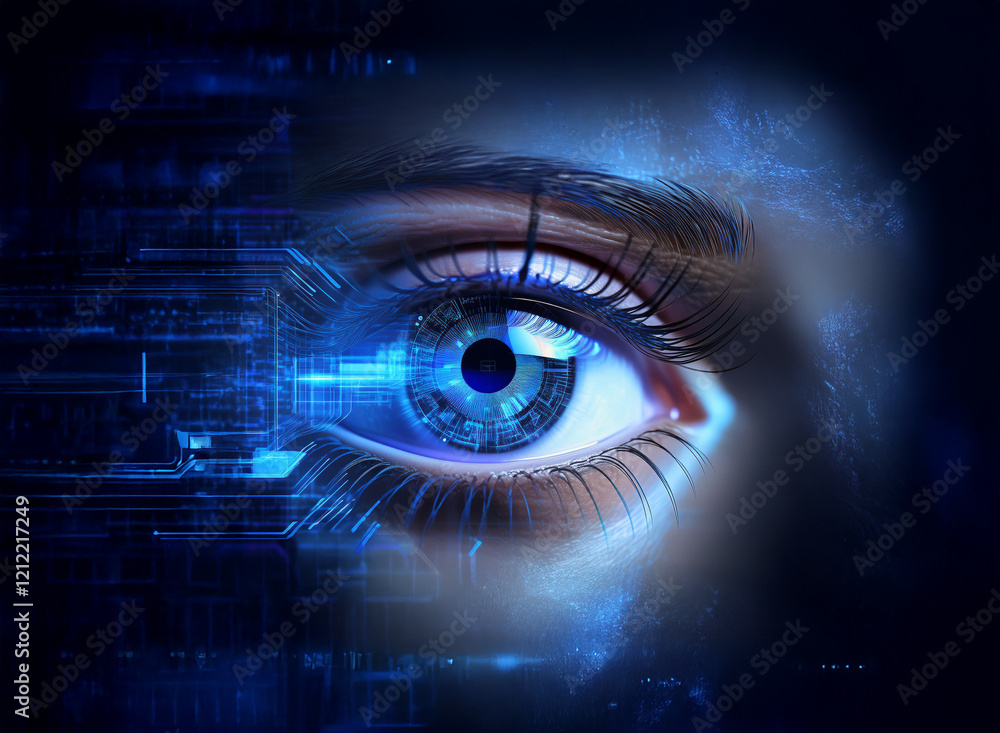 A captivating close-up of a human eye, digitally enhanced with vibrant blue hues and integrated technological circuitry, suggesting a fusion of humanity and technology. A captivating close-up of a human eye, digitally enhanced with vibrant blue hues and integrated technological circuitry, suggesting a fusion of humanity and technology.