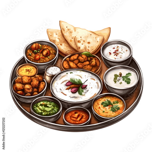 Traditional Indian Thali Illustration with Authentic Dishes