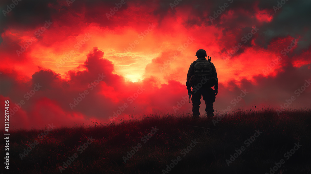 A soldier is silhouetted against a vibrant sunset. The sky is filled with intense reds and oranges, contrasting with the dark figure and clouds. This powerful moment captures bravery and reflection. A soldier is silhouetted against a vibrant sunset. The sky is filled with intense reds and oranges, contrasting with the dark figure and clouds. This powerful moment captures bravery and reflection.