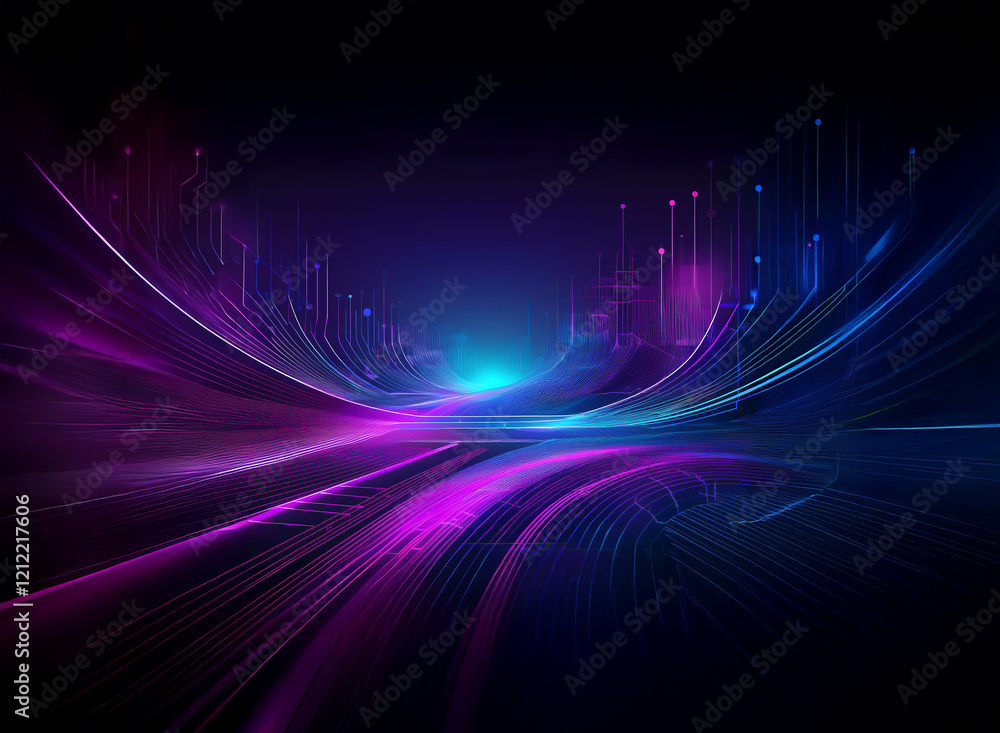 Abstract digital art depicting a futuristic, glowing landscape. Swirling neon purple and blue lines create a sense of depth and movement against a dark background. The scene evokes feelings of techn Abstract digital art depicting a futuristic, glowing landscape. Swirling neon purple and blue lines create a sense of depth and movement against a dark background. The scene evokes feelings of techn
