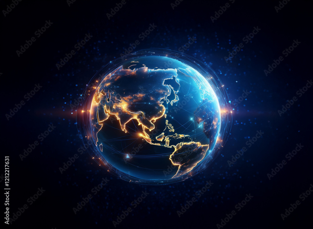 A glowing digital rendering of Earth, showcasing city lights and continents outlined in vibrant blue and orange energy. The image evokes a sense of global connection and technological advancement. A glowing digital rendering of Earth, showcasing city lights and continents outlined in vibrant blue and orange energy. The image evokes a sense of global connection and technological advancement.