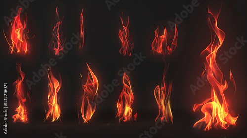 A series of fire-like images with varying shapes and sizes. Scene is intense and fiery, with the flames appearing to dance and flicker. The images are all in black and white