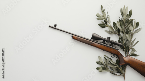 A rifle equipped with a scope rests beside fresh olive leaves on a soft neutral surface. The setting highlights the contrasting elements of nature and hunting equipment. photo