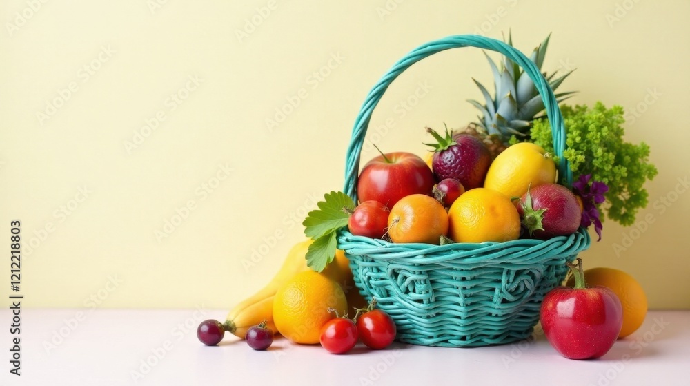 A vibrant collection of ripe fruits in a teal wicker basket, complemented by additional fresh produce spilling onto a pale surface, creating a cheerful and healthy still life. A vibrant collection of ripe fruits in a teal wicker basket, complemented by additional fresh produce spilling onto a pale surface, creating a cheerful and healthy still life.