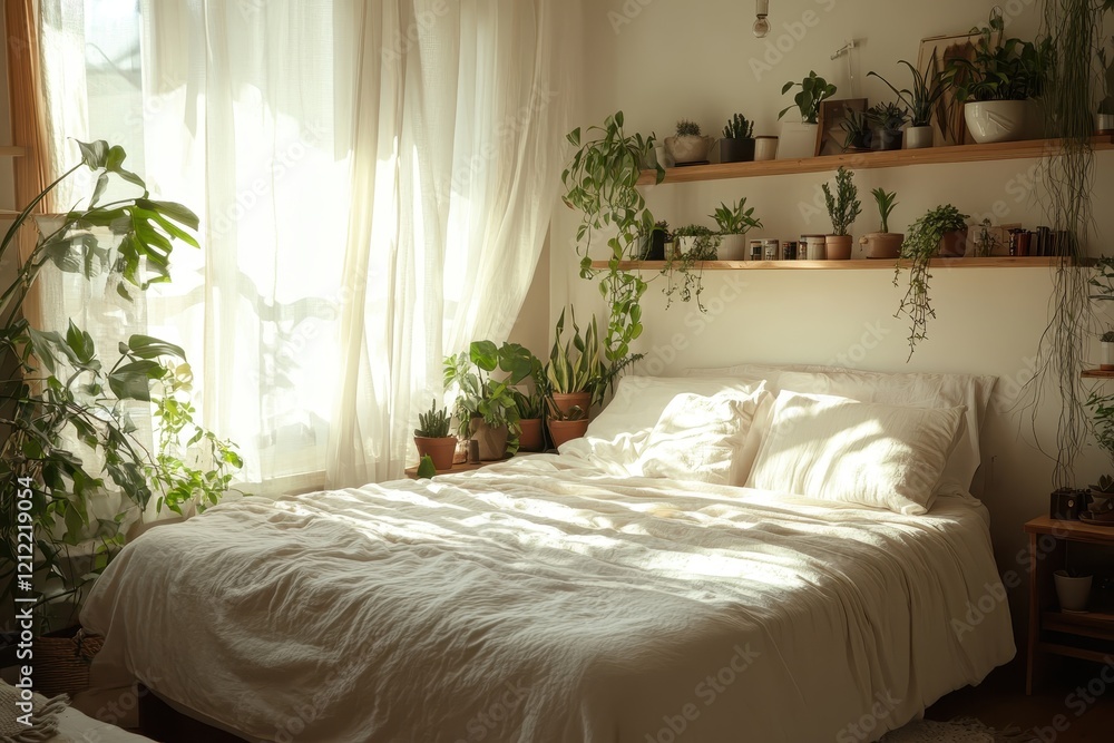 Cozy Sunlit Bedroom with Indoor Plants, Natural Light, and Minimalist Decor Elements Cozy Sunlit Bedroom with Indoor Plants, Natural Light, and Minimalist Decor Elements