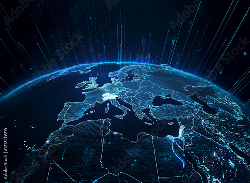 A glowing digital representation of Europe, with data streams radiating outwards, symbolizes global connectivity and digital transformation.