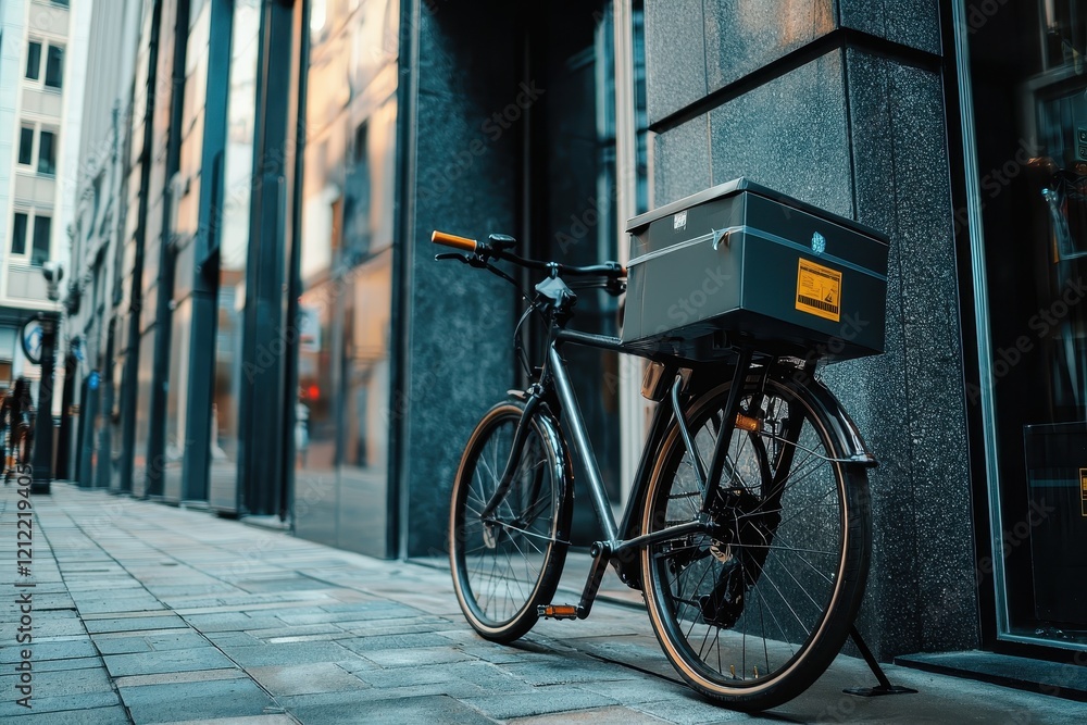 Urban Bicycle with Delivery Box Leaning Against Modern Building in City Street Urban Bicycle with Delivery Box Leaning Against Modern Building in City Street