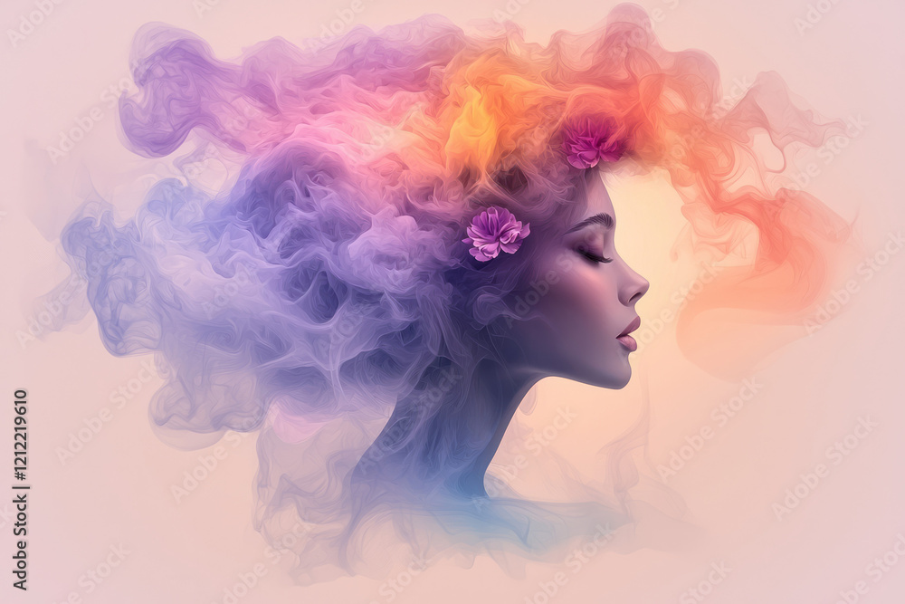 A vibrant abstract portrait of a woman with floral accents in her hair, emerging from a misty, smoke-filled brain background, symbolizing creativity and thought, A vibrant abstract portrait of a woman with floral accents in her hair, emerging from a misty, smoke-filled brain background, symbolizing creativity and thought,