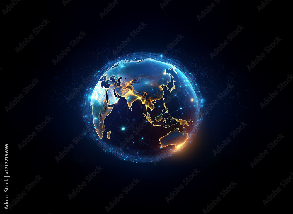 Fototapeta premium A glowing digital rendering of Earth, continents outlined in bright light against a dark background, showcasing global connectivity and technological advancement.