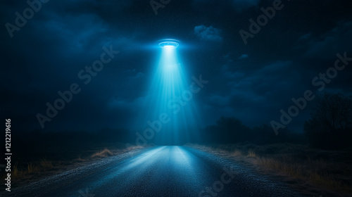 A bright beam of blue light illuminates a lonely dirt road as a mysterious spacecraft hovers above, creating an eerie nighttime atmosphere surrounded by darkness.