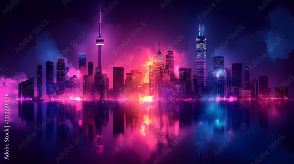 Vibrant Neon Cityscape at Night with Colorful Reflections Vibrant Neon Cityscape at Night with Colorful Reflections