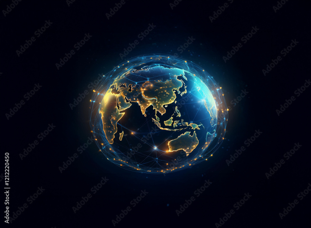 Fototapeta premium A glowing, digital representation of Earth, encased in a network of interconnected lines, symbolizing global connectivity and digital transformation.