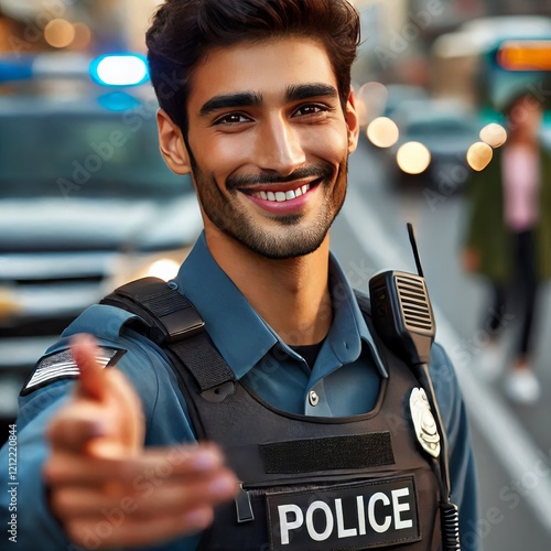 Patrol officer offering a reassuring smile while giving directio photo