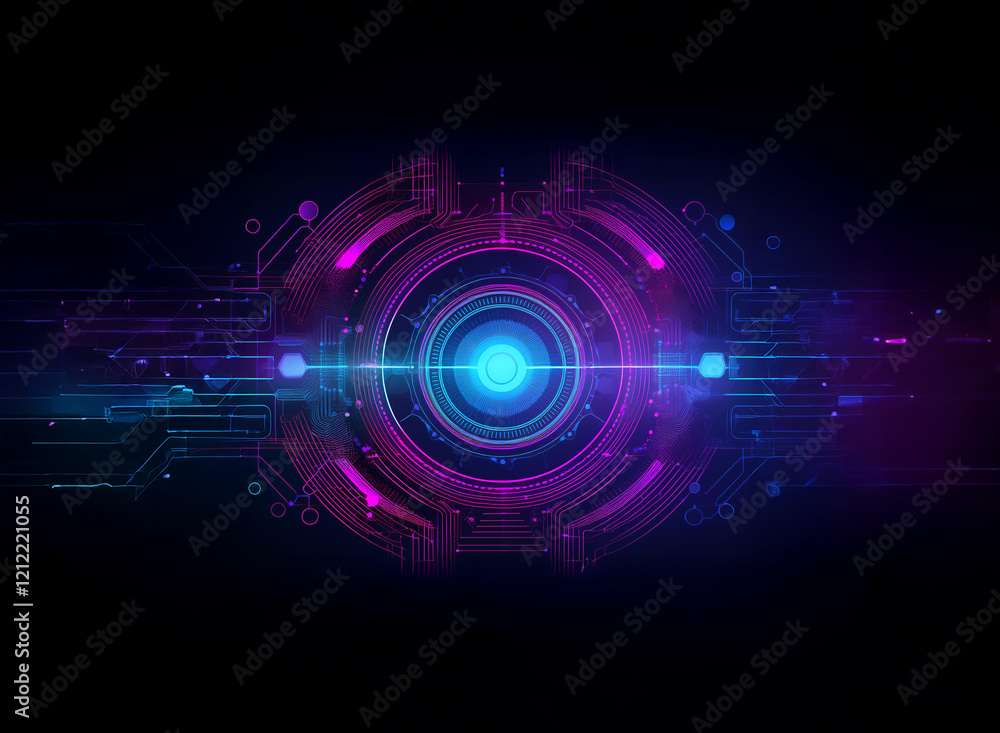 Obraz premium Futuristic circular interface with vibrant neon blue and pink accents. Glowing energy pulses emanate from its core, suggesting advanced technology and digital power.