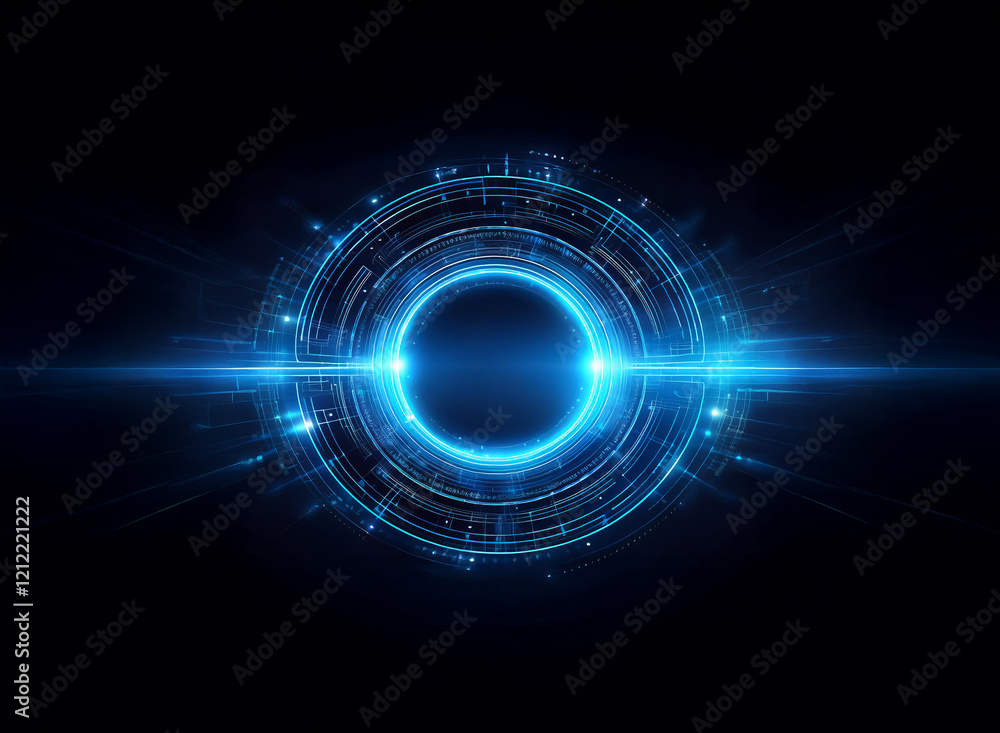 Glowing blue circular interface, futuristic technology, digital energy pulses radiate outwards from the central core. Dark background enhances the vibrant light effects. Glowing blue circular interface, futuristic technology, digital energy pulses radiate outwards from the central core. Dark background enhances the vibrant light effects.