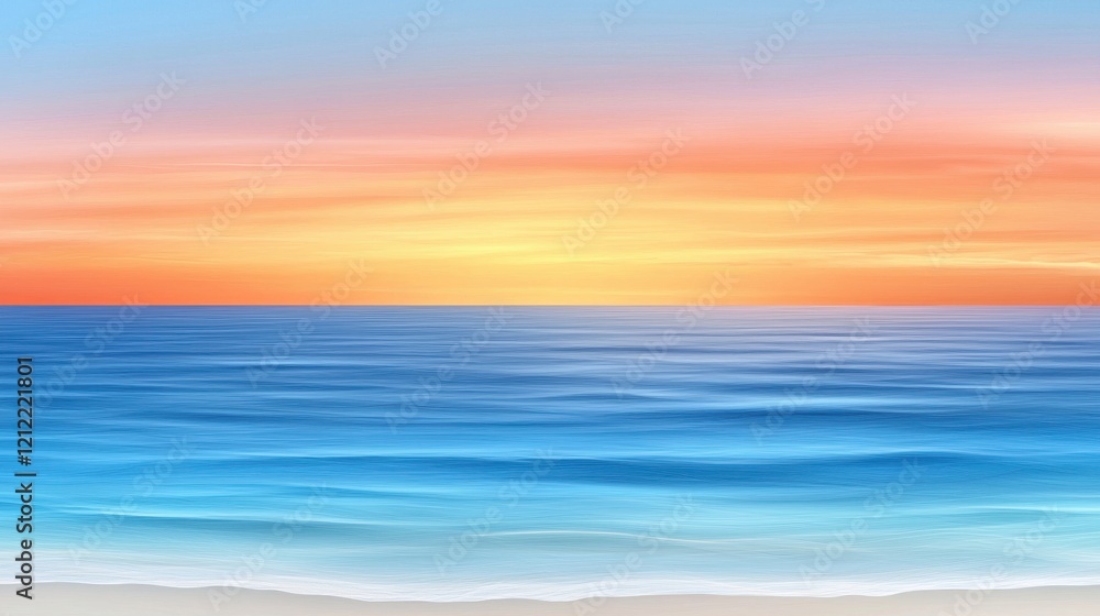 Naklejka premium A serene sunset over the ocean, with vibrant hues of orange and blue blending seamlessly across the horizon.