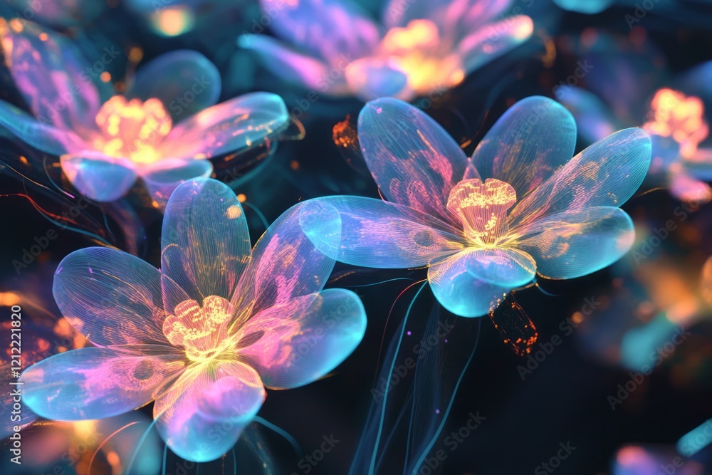 Fototapeta premium Luminous ethereal flowers glow brightly in the dark