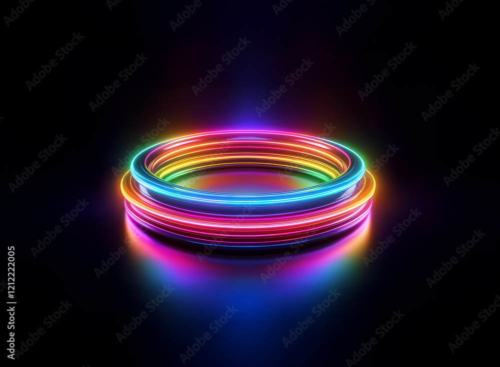 Vibrant, multicolored neon rings create a glowing, circular light display on a dark reflective surface. The concentric circles radiate energy and color. Vibrant, multicolored neon rings create a glowing, circular light display on a dark reflective surface. The concentric circles radiate energy and color.