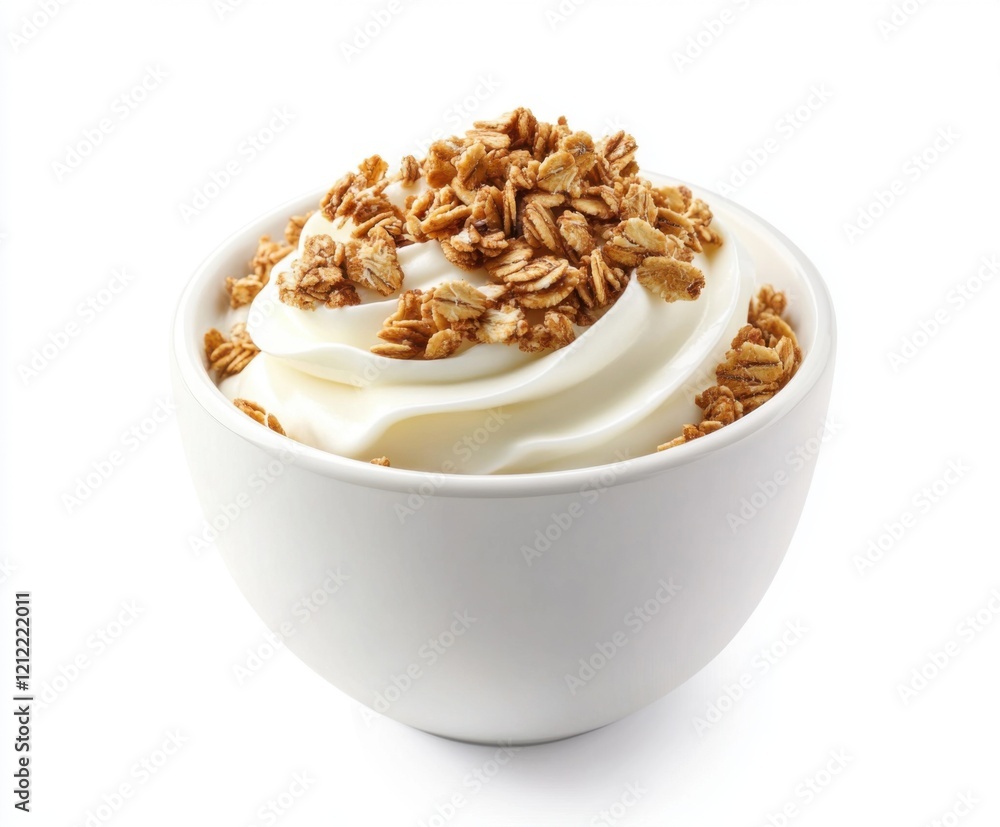 Yummy dessert bowl with creamy yogurt topped with crunchy granola for a delightful snack Yummy dessert bowl with creamy yogurt topped with crunchy granola for a delightful snack