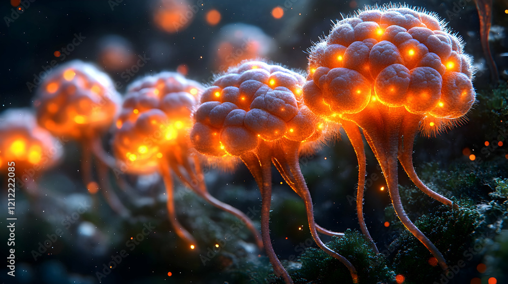 Luminous Glowing Fungi in a Dark Forest Digital 3D Illustration Luminous Glowing Fungi in a Dark Forest Digital 3D Illustration