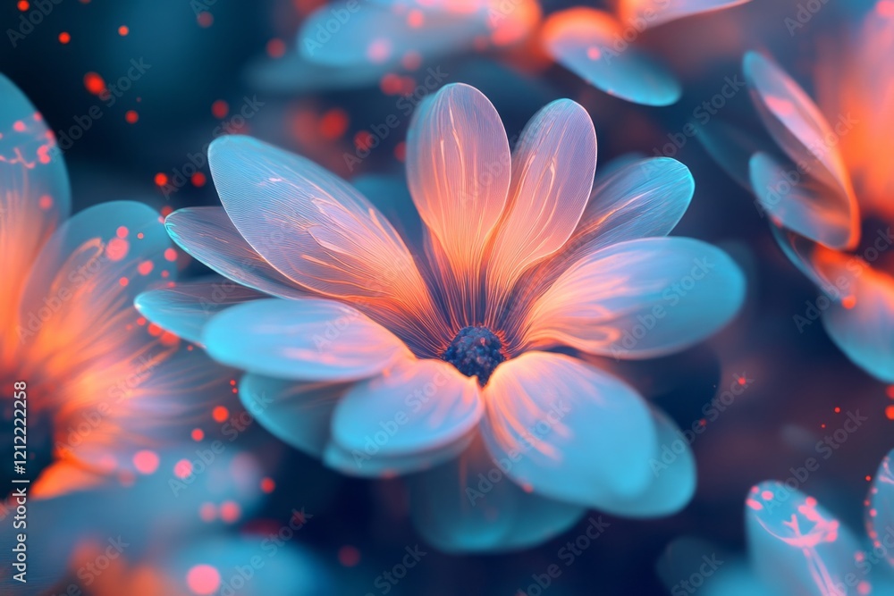 Fototapeta premium Glowing translucent flowers in vibrant blue and orange hues