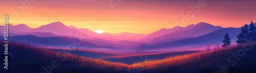 Stunning Sunset Over Rolling Hills with Vibrant Colors and Silhouetted Mountains in a Serene Landscape