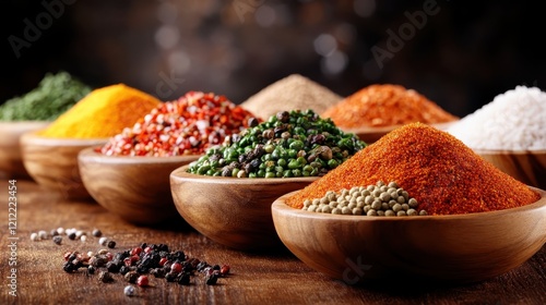 An array of assorted spices displayed in wooden bowls, showcasing a rich diversity of textures, colors, and flavors that are essential to various culinary traditions. photo