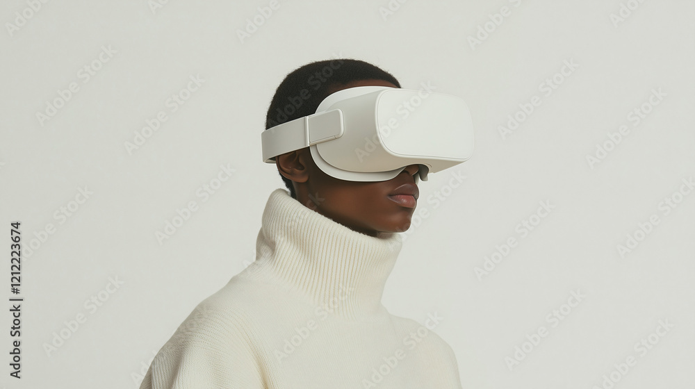 VR Immersion: A young man, wearing a cream turtleneck, is completely immersed in a virtual reality experience, wearing a sleek white VR headset. His expression is serene and contemplative. VR Immersion: A young man, wearing a cream turtleneck, is completely immersed in a virtual reality experience, wearing a sleek white VR headset. His expression is serene and contemplative.
