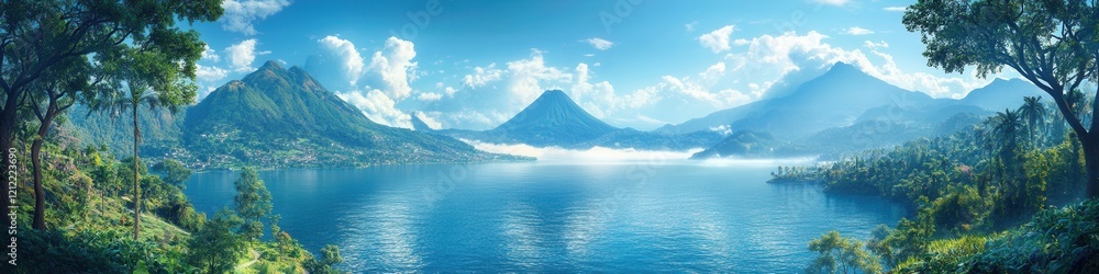 Majestic Lake Atitlán, deep blue waters, vibrant greenery, towering volcanoes, morning mist enveloping the serene landscape Majestic Lake Atitlán, deep blue waters, vibrant greenery, towering volcanoes, morning mist enveloping the serene landscape