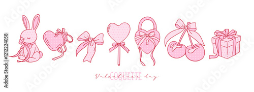 Set of coquette Valentine's day romantic clipart decorated with bow. Various elements with knotted ribbons. Vector contour hand drawn dotted illustrations for posters, cards, logo, printing on t-shirt