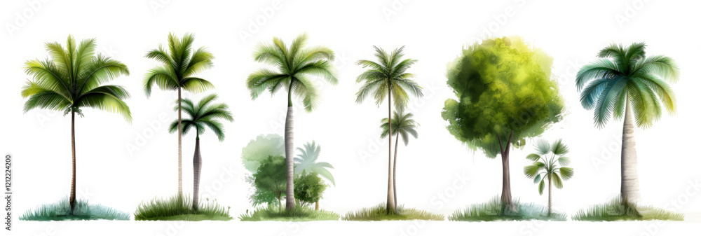Palm trees isolated on a white background with a tropical summer vibe Palm trees isolated on a white background with a tropical summer vibe