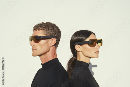 Sunglasses Duo: A stylish man and woman, side by side, showcase the sleek design and amber tint of their fashionable sunglasses, exuding cool and contemporary vibes. 