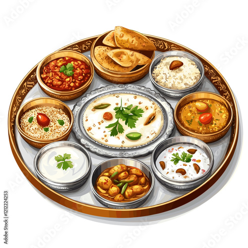 Traditional Indian Thali Illustration with Authentic Dishes