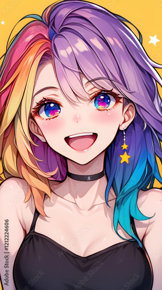 Obraz premium Cheerful anime style girl with vibrant rainbow gradient hair, colorful eyes, and bright smile, wearing black top and star earring.