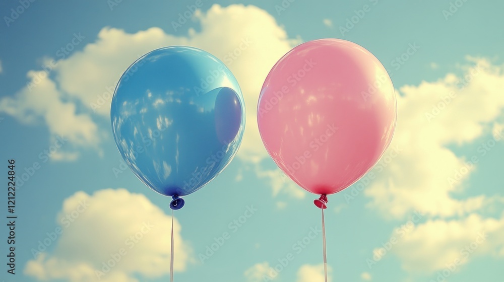 Two colorful balloons, one blue and one pink, floating against a bright sky with fluffy clouds (1) Two colorful balloons, one blue and one pink, floating against a bright sky with fluffy clouds (1)