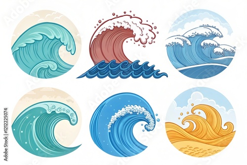 Set of wave shapes, wave formats, shapes, wave forms of water or wind flows. symbol shapes of wind and water waves flow. colorful fill icons photo