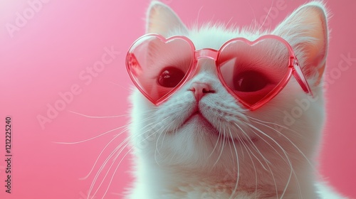 Cute White Cat Wearing Pink Heart Sunglasses