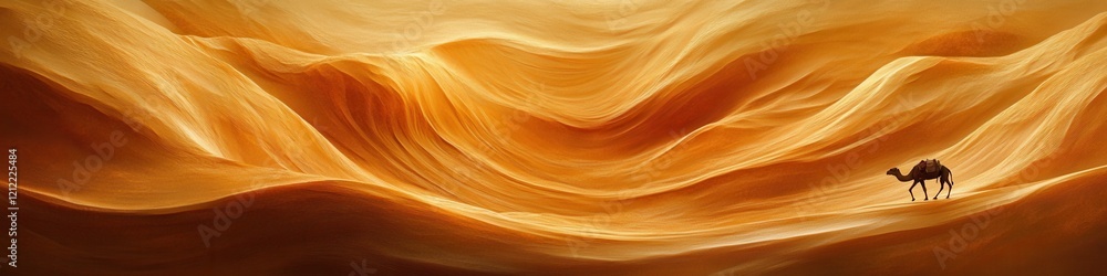 Golden Sand Dunes of Namib Desert, sweeping curves shaped by wind, solitary camel traversing the vast arid landscape, serene yet dramatic beauty Golden Sand Dunes of Namib Desert, sweeping curves shaped by wind, solitary camel traversing the vast arid landscape, serene yet dramatic beauty