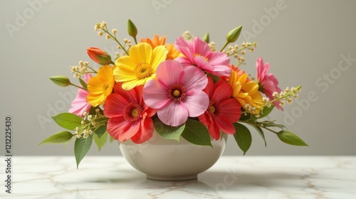 Wallpaper Mural Vibrant floral arrangement in a minimalist bowl, showcasing a delightful mix of pink, orange, and yellow blossoms, creating a cheerful and sophisticated centerpiece for any occasion. Torontodigital.ca