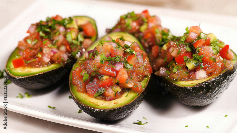Halves of ripe avocados filled with fresh salsa garnished with herbs served on a white plate Halves of ripe avocados filled with fresh salsa garnished with herbs served on a white plate