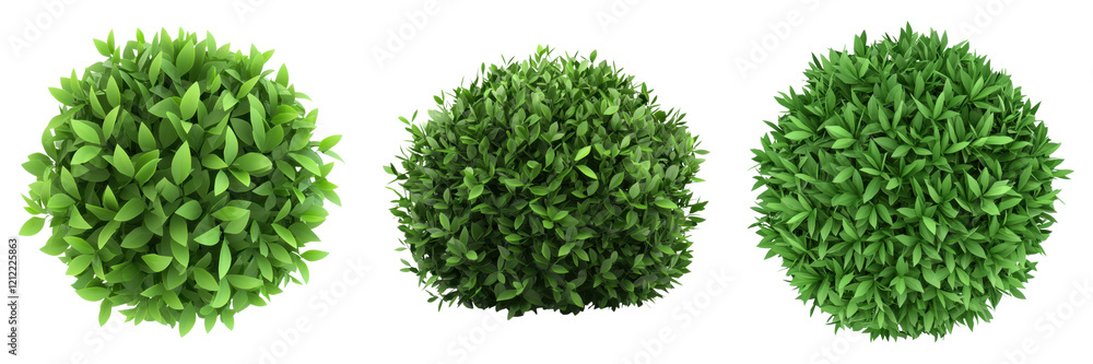 Obraz premium Vibrant green low poly bushes with rounded geometric shapes on transparent background