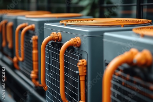 Industrial Air Conditioning Units with Orange Pipes in a Modern Facility for Efficient Climate Control and Energy Management