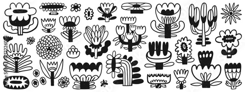 Modern flower collection with hand-drawn floral elements. Trendy blossom botanical vector set for decor, easter, sticker, clipart, print