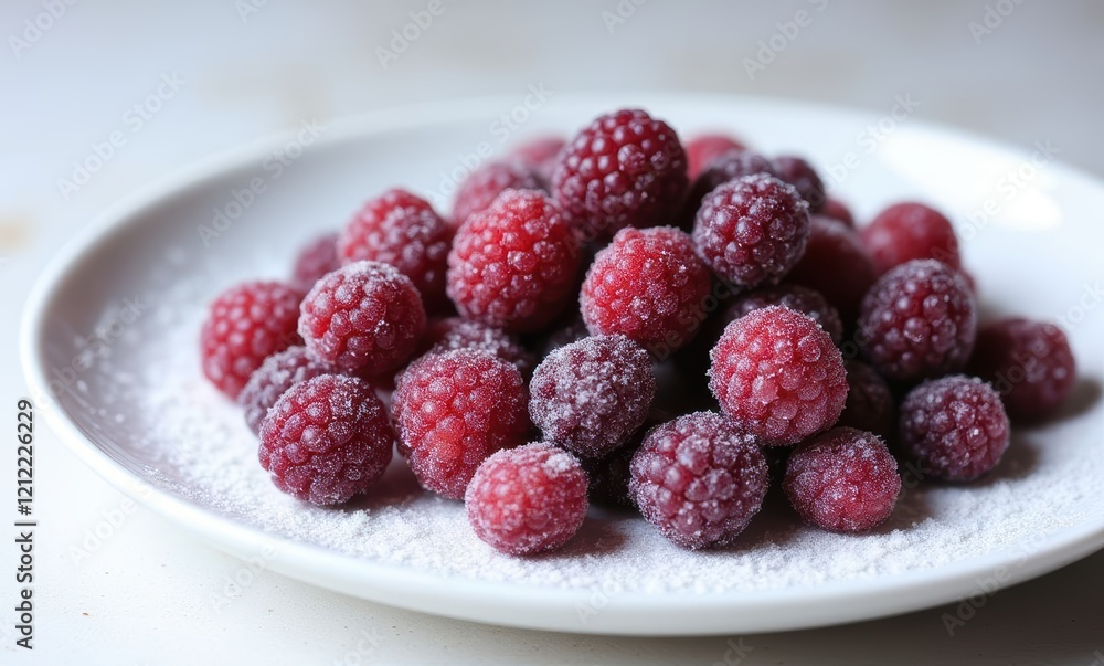 Close-up of sugared raspberries on a plate Close-up of sugared raspberries on a plate