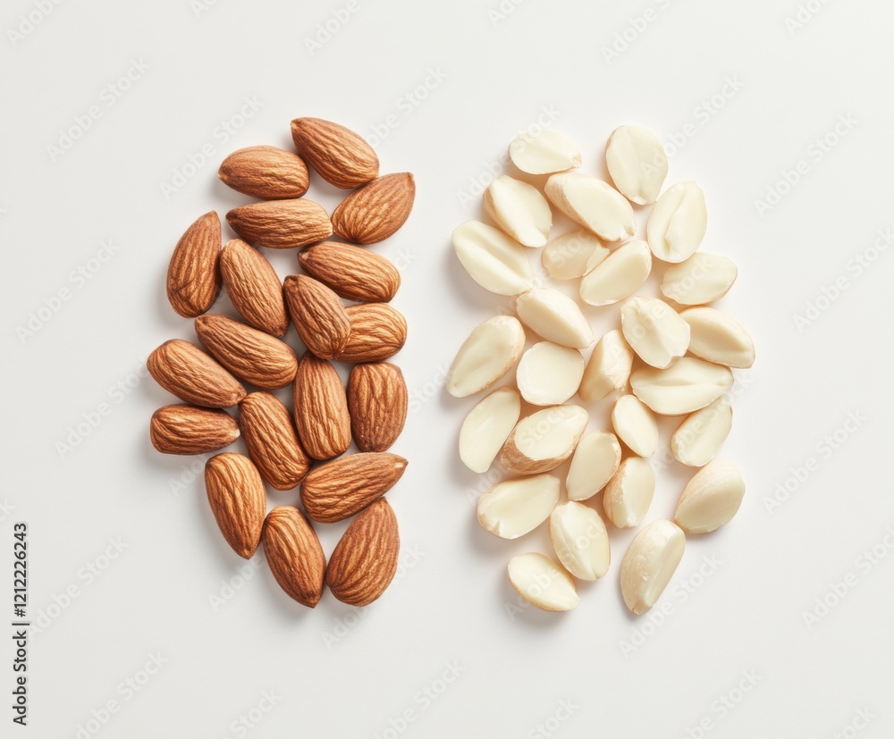 Obraz premium Raw almonds and pumpkin seeds arranged side by side on a light surface for healthy snacking options