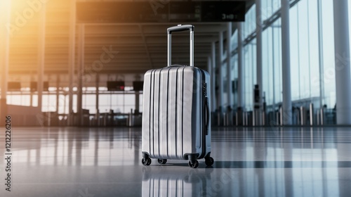 Gray suitcase standing in empty airport terminal during sunset