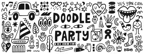 Cute doodle cartoon characters and abstract elements. Hand-drawn vector set. Contemporary modern trendy vector collection. Illustration elements for decor, pattern, poster, card or sticker design.