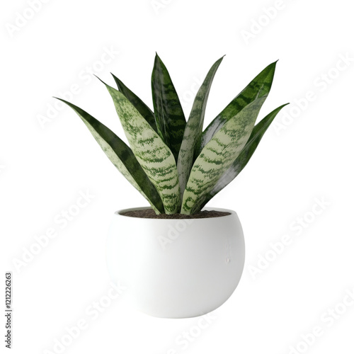 A simple potted snake plant in a white ceramic vase, floating on pure white.